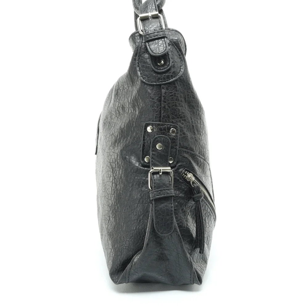 Beverly Hills Polo Club Shoulder Purse Faux Leather Hobo Bag17x13x4 Black/Silver